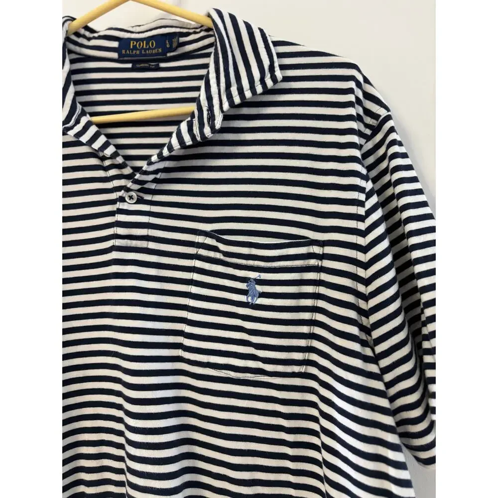 POLO RALPH LAUREN Shirt Mens Large L Classic Fit Striped Pocket Polo Navy White